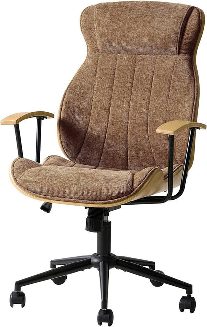 HULALA HOME Solid Wood Office Chair with Tilt Function, Mid Century Modern Bentwood Desk Chair with High Backrest, Height Adjustable Swivel Fabric Computer Task Chair, Camel