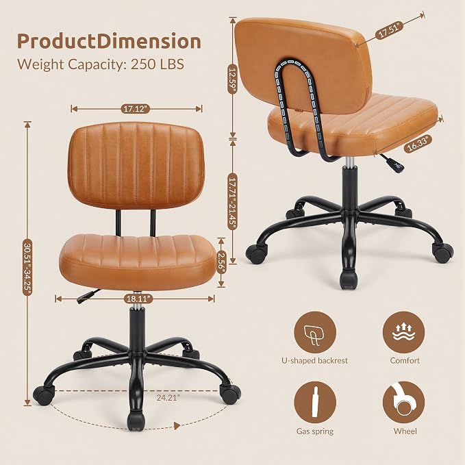 Swivel Rolling Office Chair, Armless Pu Leather Vanity Chair with Back Lumbar Support Height Adjustable Computer Chair, Small Desk Chair for Home Office, Brown