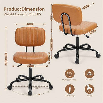 Swivel Rolling Office Chair, Armless Pu Leather Vanity Chair with Back Lumbar Support Height Adjustable Computer Chair, Small Desk Chair for Home Office, Brown