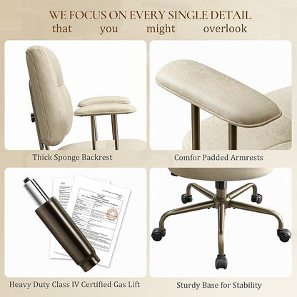 EUREKA ERGONOMIC Becky Home Office Desk Chairs Leather, Comfy Office Chair with Lumbar Support and Arms, Mid-Back, Comfortable Thick Cushion, Mid-Century Modern, Height Adjustable, Off-White