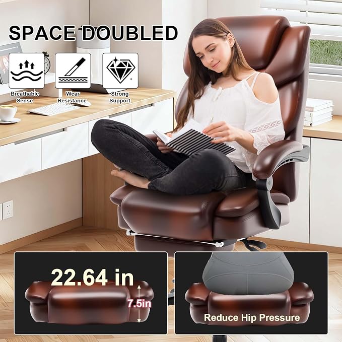 500lbs Reclining Office Desk Chair with Footrest, Managerial Executive Chair Lounge Chair for Office, Plus Size Brown Leather Recliner Office Chairs