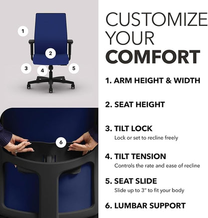 HON Ignition 2.0 Mid‑Back Ergonomic Office Chair, Mesh Task Desk Chair with Lumbar Support, Standard Synchro‑Tilt, Height and Width Adjustable Arms, Black Frame, Cobalt