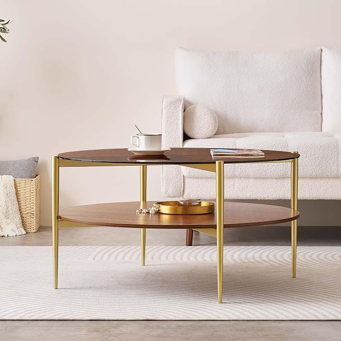 LumFurn Extra Large Round Coffee Table, Mid-Century Modern Design, D34 x H17 in, for Living Room, 2-Tier Structure, Amber Glass Top and Walnut MDF Shelf, Sleek Conical Metal Legs with Gold Finish