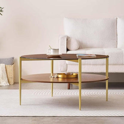 LumFurn Extra Large Round Coffee Table, Mid-Century Modern Design, D34 x H17 in, for Living Room, 2-Tier Structure, Amber Glass Top and Walnut MDF Shelf, Sleek Conical Metal Legs with Gold Finish