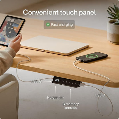 Desktronic HomeOne Standing Desk 60x30 — Ergonomic Sit Stand Home Office Desk, Made in Europe, Electric Dual Motor Height Adjustable, USB & USB-C Charging, Wobble-Free, Touchscreen, 3 Memory Presets