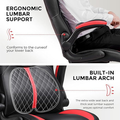 GTPLAYER Office Computer Gaming Chair Ergonomic Desk Chair for Adults with Lumbar Support Flip-Up Arms Adjustable Height Swivel Wheels PU Leather Executive Design for Short People Use, RED