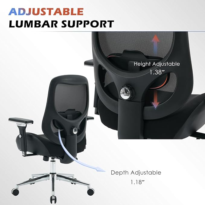 BOSMILLER 700lbs Big and Tall Office Chair with Wide Thick Seat Cushion for Sitting All Day,Ergonomic Mesh Desk Chair with Adjustable Lumbar Support for Heavy People,4D Armrests