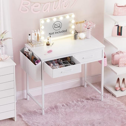 DLisiting 32 Inch Small White Desk with 2 Drawers, Study Writing Computer Desk with Storage Drawer for Bedroom Home Office, Vanity Table Without Mirror for Girls Small Spaces