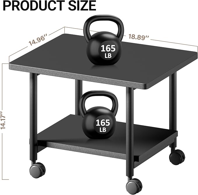 Under Desk Printer Stand - 2-Tier Industrial Mobile Printer Table with Storage Shelf, Heavy Duty Wood Rolling Printer Cart with Wheels for Home and Office,Classic Black