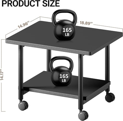 Under Desk Printer Stand - 2-Tier Industrial Mobile Printer Table with Storage Shelf, Heavy Duty Wood Rolling Printer Cart with Wheels for Home and Office,Classic Black