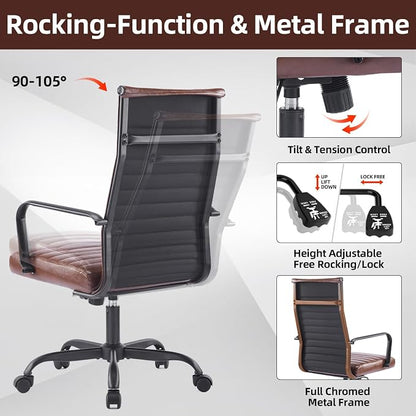 Office Chair, Ergonomic Executive Conference Room Chairs, Ribbed Leather Desk Chair with Lumbar Support, Adjustable Height Mid-Back Swivel Chair with Padded Seat