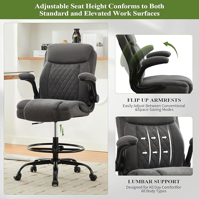 Drafting Chair Tall Office Chair for Standing Desk, Ergonomic Tall Desk Chair with Adjustable Foot Ring, Flip-Up Armrests, Lumbar Support, Swivel Rolling Task Chair for Home Office