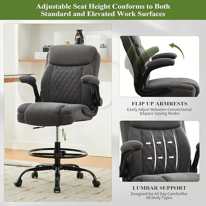 Drafting Chair Tall Office Chair for Standing Desk, Ergonomic Tall Desk Chair with Adjustable Foot Ring, Flip-Up Armrests, Lumbar Support, Swivel Rolling Task Chair for Home Office