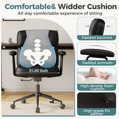 OLIXIS Ergonomic Home Office Desk Chair, PU Leather Computer Chair with Lumbar Support Adjustable Height Rolling Swivel Executive Task Armrests, Inky