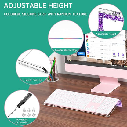 Ergonomic Computer Keyboard Stand - Adjustable Keyboard Riser Tilt Clear and Glitter Purple Acrylic Keyboard Tray Non-Slip Elevated Typing Key Board Holder Lift for Home Office Desk Accessories