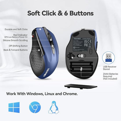 TECKNET Wireless Mouse, 2.4G Ergonomic Optical Mouse, Computer Mouse for Laptop, PC, Computer, Chromebook, Notebook, 6 Buttons, 24 Months Battery Life, 2600 DPI, 5 Adjustment Levels - Blue