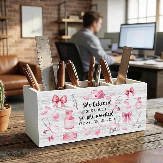 Pink Nurse Office Pencil Pen Holder for Desk Organizer, Nurse Appreciation Gifts, Nursing Week Gifts, Nurses Gift for Women Wooden Box Decorations for Office Desk Tabletop Decor