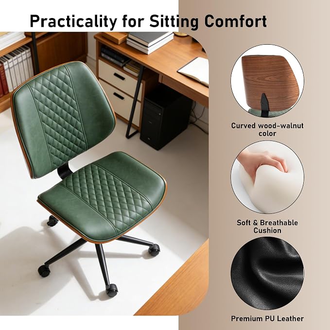 DYHOME Modern Walnut Home Office Chair with Wheels, Executive Office Desk Chair No Arms, Adjustable Height Small Desk Chair, Comfy PU, Deeper Cushion, Mid Back 360 Swivel Computer Chair, Green