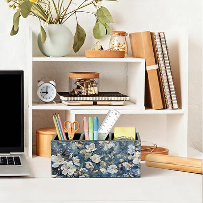 Dark Blue Floral Pen Pencil Holder for Desk, Academia Cottagecore Botanical Flower Wooden Box Sign Organizer for Home Room Office Bedroom Desk Accessories Tabletop Decorations