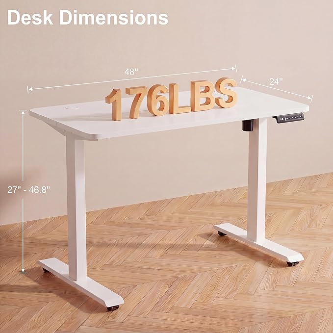 Electric Standing Desk with Power Outlets and USB-C Port, 48 x 24 Inches Adjustable Height Sit Stand Up Desk for Home Office, Adjustable Desk with Memory Preset and Wheels, White