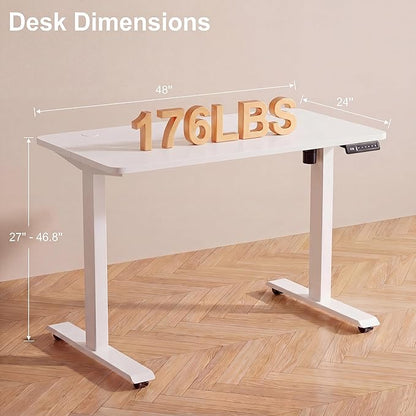 Electric Standing Desk with Power Outlets and USB-C Port, 48 x 24 Inches Adjustable Height Sit Stand Up Desk for Home Office, Adjustable Desk with Memory Preset and Wheels, White