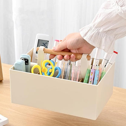 Buqoo Desk Organizer with 8 Compartments, Plastic Makeup Organizer with Wooden Handle, Pen Holder for Desktop Storage, Desk Organization for School, Home, Office Supplies (Coffee)