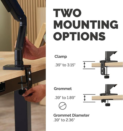 Fellowes Everyday Plus Single Gas Spring Monitor Arm Supports up to 32" Screens Weighing 4.4-19.84 lbs, Height Adjusting, Tilt, Swivel, Rotate, VESA 75/100, Clamp or Grommet Mount, Cable Management