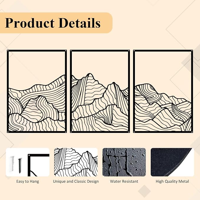 ruelen Wall Decor 3 Pcs Mountain Metal Wall Art, Mountain Line Abstract Minimalist Wall Art Rustic Nature Wall Decor Hanging Sculpture for Home Bedroom Bathroom Living Room (Black)