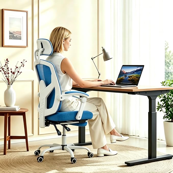 Ergonomic Office Chair with Footrest, High Back Home Desk Computer Chair with Lumbar Support & Headrest, 90-135° Reclining Mesh Back with Wheels for Work, Gaming, Blue