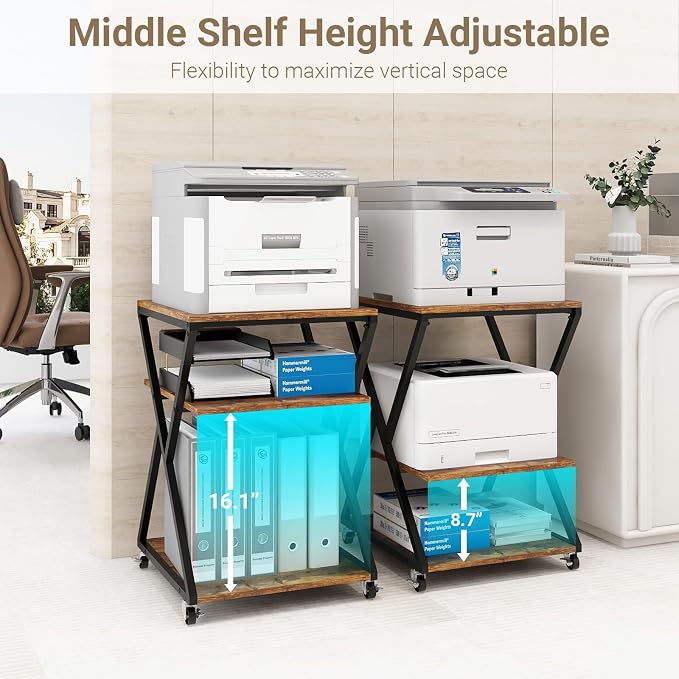 Natwind 3 Tier Printer Stand, 19.7''x19.7'' Large Printer Table with Height Adjustable Shelf, Rolling Printer Cart with Wheels,Multifunctional Organizer Shelf for Home Office Kitchen（Retro）