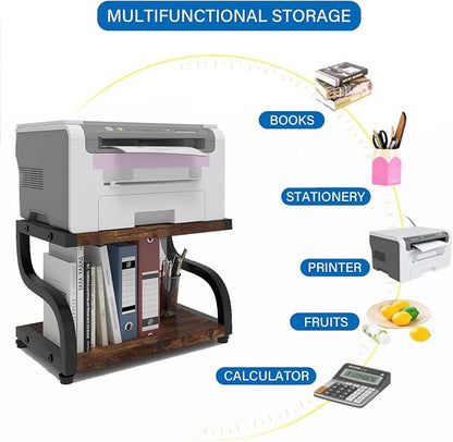 PUNCIA 2 Tier Wood Printer Stand with Storage Heavy Duty Desktop Shelf | Retro Modern Minimalist Style Fits Laser Printers Copiers Fax Machines, Organizer for Home Office Dorm Small Spaces