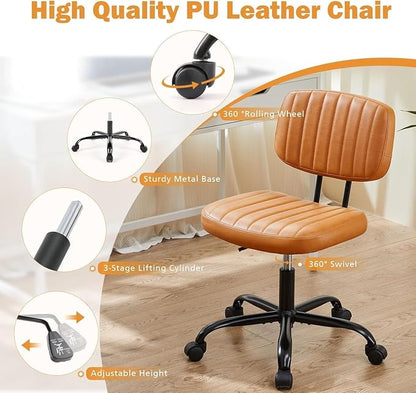 Simple Deluxe Small Office Desk Chair with Wheels, Armless Office Chair Low Back Lumbar Support, PU Leather Computer Task Swivel Vanity Rolling Chair No Arms for Small Space, Home, Brown