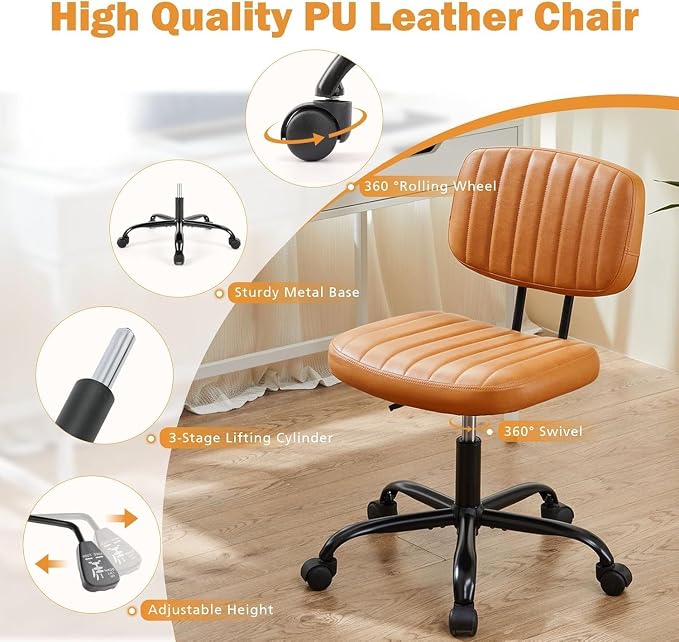 YSSOA Small Desk Chair with Wheels, Armless Office Chair No Arms, Comfy PU Leather Computer Task Chair Swivel Rolling Chairs for Small Space, Home, Adults, Students, Beige White