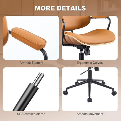 Mid Century Modern Office Chair with Adjustable Backrest, Wooden Desk Chair with Armrests, Swivel Height Adjustable Home Office Chair, Comfortable Task Chair for Home Office, Brown