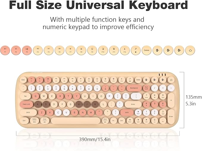 MOFII Wireless Bluetooth Keyboard for Mac, iPad, iPhone, PC, Laptop & Android, Connect up to 3 Devices Simultaneously, Portable 100-Key Typewriter Retro Round Keycaps Keyboard- Milk Tea Colorful
