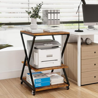 Natwind 3 Tier Printer Stand, 19.7''x19.7'' Large Printer Table with Height Adjustable Shelf, Rolling Printer Cart with Wheels,Multifunctional Organizer Shelf for Home Office Kitchen（Retro）