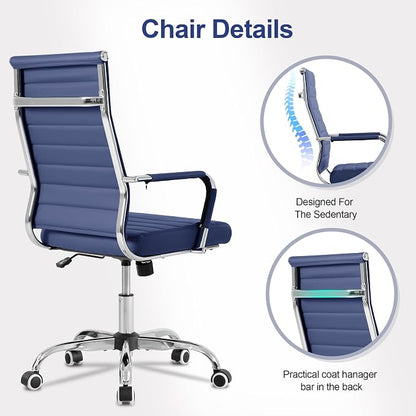 Home Office Chair Ribbed,Modern Leather Conference Room Chairs,Ergonomic Office Desk Chair, High Back Executive Computer Chair, Adjustable Swivel Chair with Arms (Blue)