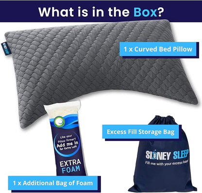 Sidney Sleep Adjustable Curved Pillows for Neck and Shoulder Support with Extra Shredded Fill - Cervical Contour Pillow for Side and Back Sleepers. Standard Size 19" x 26" CertiPUR-US Certified (Grey)