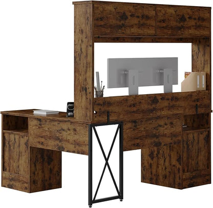 Bestier Farmhouse 63" L Shaped Desk with Hutch, Wood Computer Desk with Drawers, Charging Station, LED Light, Fluted Sliding Door Cabinet, Monitor Stand, Executive Desk for Home Office, Rustic Brown