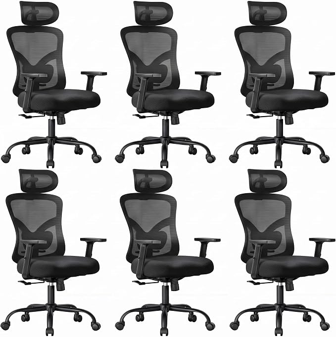 NOBLEWELL Ergonomic Office Chair with Padded Lumbar Support, 2D Headrest, Adjustable Armrests, Upgraded Contoured Seat Cushion, 130° Rocking Tilt, Computer Gaming Chair for Home Office, Pack of 6