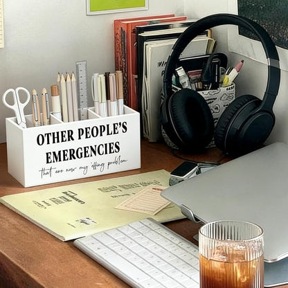 Funny Pen Pencil Holder for Desk, Office Humor Gifts for Coworkers Employees Women Men, Other People's Emergencies Wooden Box Sign Decorations for Home Office Workplace Desk Tabletop