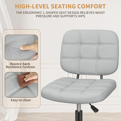 ERGOSEAT Armless Office Chair with Wheels, Small Desk Drafting Chair for Small Space, PU Leather Computer Task Chair, Height Adjustable Rolling Chair, Compact Chair for Home Office, Dorm, Light Grey