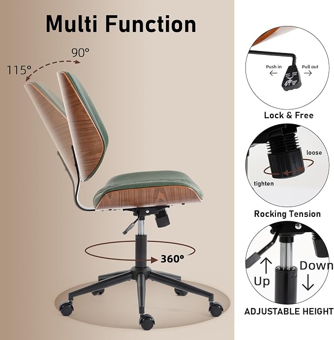 DYHOME Modern Walnut Home Office Chair with Wheels, Executive Office Desk Chair No Arms, Adjustable Height Small Desk Chair, Comfy PU, Deeper Cushion, Mid Back 360 Swivel Computer Chair, Green