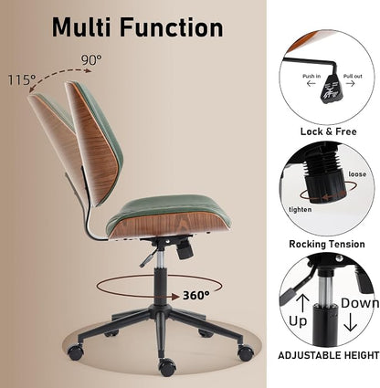 DYHOME Modern Walnut Home Office Chair with Wheels, Executive Office Desk Chair No Arms, Adjustable Height Small Desk Chair, Comfy PU, Deeper Cushion, Mid Back 360 Swivel Computer Chair, Green