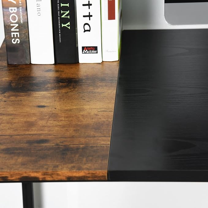 FurnitureR 47.2 inch Study Writing Table with Storage Shelves Space Saving for Home Office, Modern Simple Style PC Metal Frame Computer Desk, Black&Brown