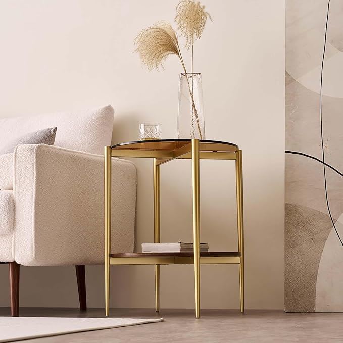 LumFurn Round Glass End Table, Mid-Century Modern Design Sofa Table for Living Room, D18 x H23, 2-Tier Structure, Amber Glass Top and Walnut Shelf, Sleek Conical Legs with Gold Finish Frame