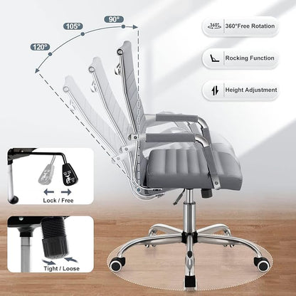 Shahoo Ribbed Office Chair, Mid-Back PU Leather Office Chair Executive Task Chair with 360° Swivel Wheels for Conference Room, Home Offices (Grey)