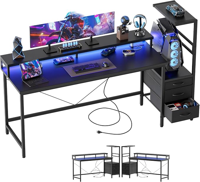 Mericonia 60 inch Gaming Desk with LED Lights & Power Outlets, Reversible Computer Desk with Storage Drawers & Monitor Stand, Large Gaming Table for Home Office
