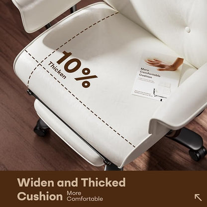 SeekFancy Reclining Criss Cross Office Chair with Wheels & Arms, White | Button-tufted PU leather; retractable footrest; 400 lbs capacity; 10% thickened wide cushion; retro executive design.
