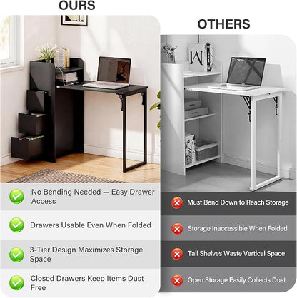 LAUSAINT HOME Wall Mounted Foldable Desk, Space Saving Hidden Desk with Storage & Power Outlet, Fold Out Table for Small Spaces, Home Office Bedroom (Black)